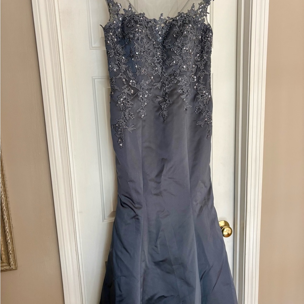 Embellished Illusion Neck Formal Gown in Slate Gray mermaid style new